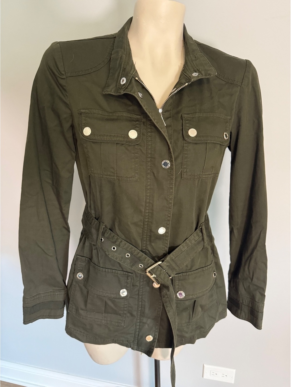 White House Black Market Olive Green Belted Utility‎ Jacket Size 0